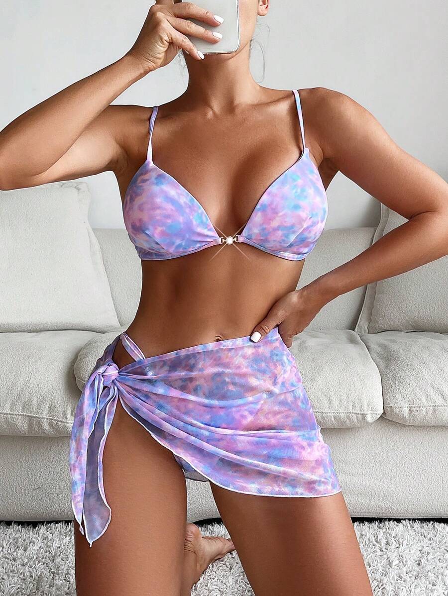 SHEIN Swim Summer Tie Dye V-Neck Bikini Set 3pcs/Set - Multicolor - View 1