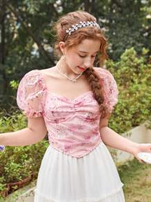 Teen Girls' Mesh Embroidered Sweetheart Collar Puff Sleeve Back-Shirred Casual Shirt