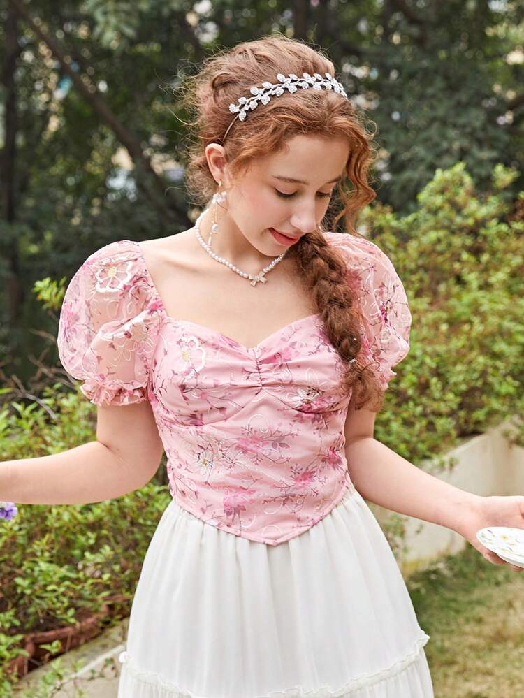 Teen Girls' Mesh Embroidered Sweetheart Collar Puff Sleeve Back-Shirred Casual Shirt