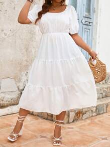 Breezaya Plus Size Women's Solid Color Back Knot Short Sleeve Dress - White - View 5