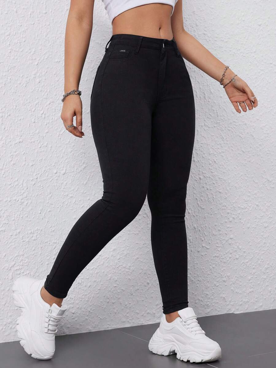 SHEIN Unity Jeans Ajustados De Mujer De Color Sólido Simple Con Bolsillos - Negro - Ver 1