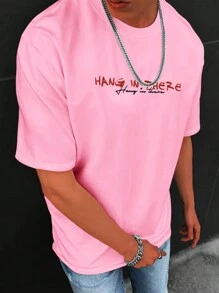 Manfinity Roghcode Men's Angel & Letter Print T-Shirt, Pink Angel Graphic Tee - Pink - View 3