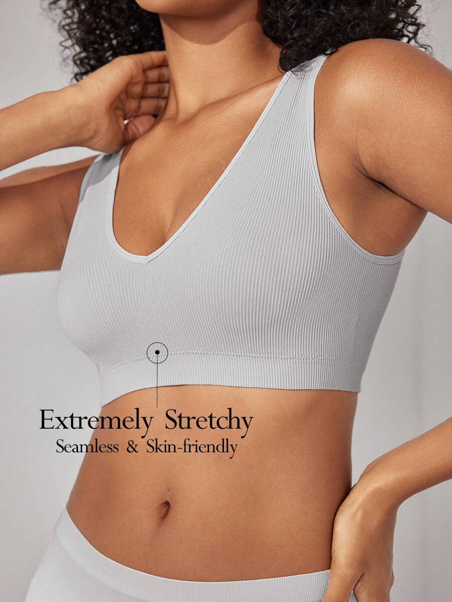 Ocili Leisure Extremely Stretchy Seamless & Skin-Friendly Removable Padding Comfortable Solid Rib Bra Gray - Grey - View 1