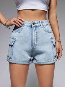 SHEIN EZwear 女士捲邊貨褲牛仔短褲 - 淺色水洗藍 - 查看 4