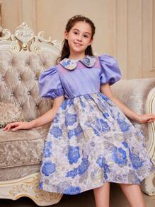 SHEIN Váy chắp vá hoa Jacquard cổ Peter Pan tay bồng cho bé gái tuổi teen - Màu tím - Xem 2