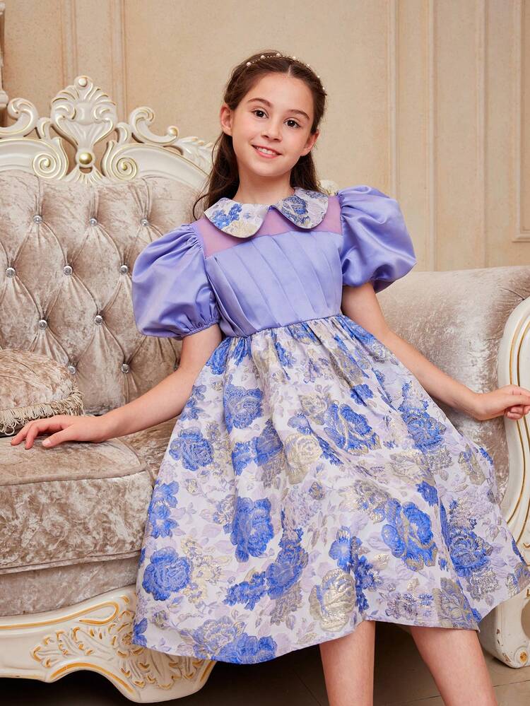 Tween Girls' Peter Pan Collar Bubble Sleeve Floral Jacquard Patchwork Dress
