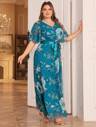 Plus Size Women Boho Elegant Floral Print Ruffle Sleeve Dress, Summer