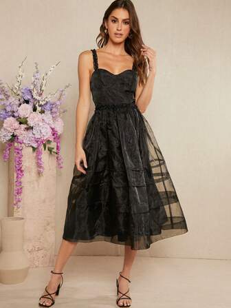 L'Amorae 分层条纹欧根纱荷叶边吊带连衣裙