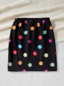 SHEIN 少女针织花卉印花休闲迷你裙 - 黑色 - 查看 2