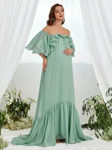 Faeriesty Dressalisa Maternity Off Shoulder Chiffon Prom Party Dress With Ruffle Design - Mint Green - View 5