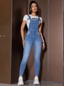 SHEIN EZwear Slim Fit Denim Overalls - Blue - View 5