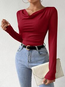Chiquease Solid Color V-Neck Slim Fit Long Sleeve T-Shirt