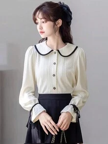 Women's Peter Pan Collar Textured Fabric Blouse,Long Sleeve Tops