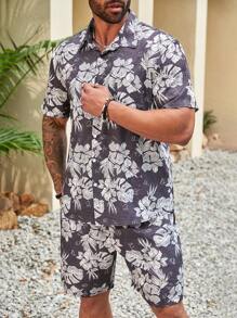 Manfinity RSRT Men's Plus Size Flower & Plant Print Shirt And Shorts Set - Multicolor - View 3
