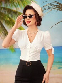 Vintamour 復古度假女士短袖泡泡袖蝴蝶結前裝衫,春夏裝女士襯衫夏季服裝夏季衣服夏季上衣 - 白色 - 查看 1