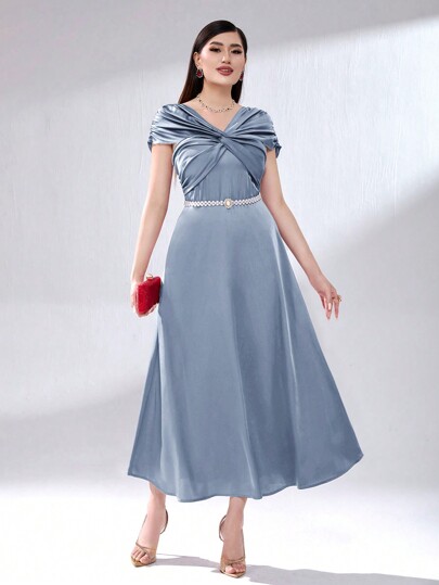 Modelyn Solid Color Twist Front Cinching Waist Dress