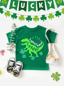 幸運草/st. Patrick's Day寶寶男童休閒短袖t恤,印有卡通恐龍,適合夏天 - 綠色 - 查看 1