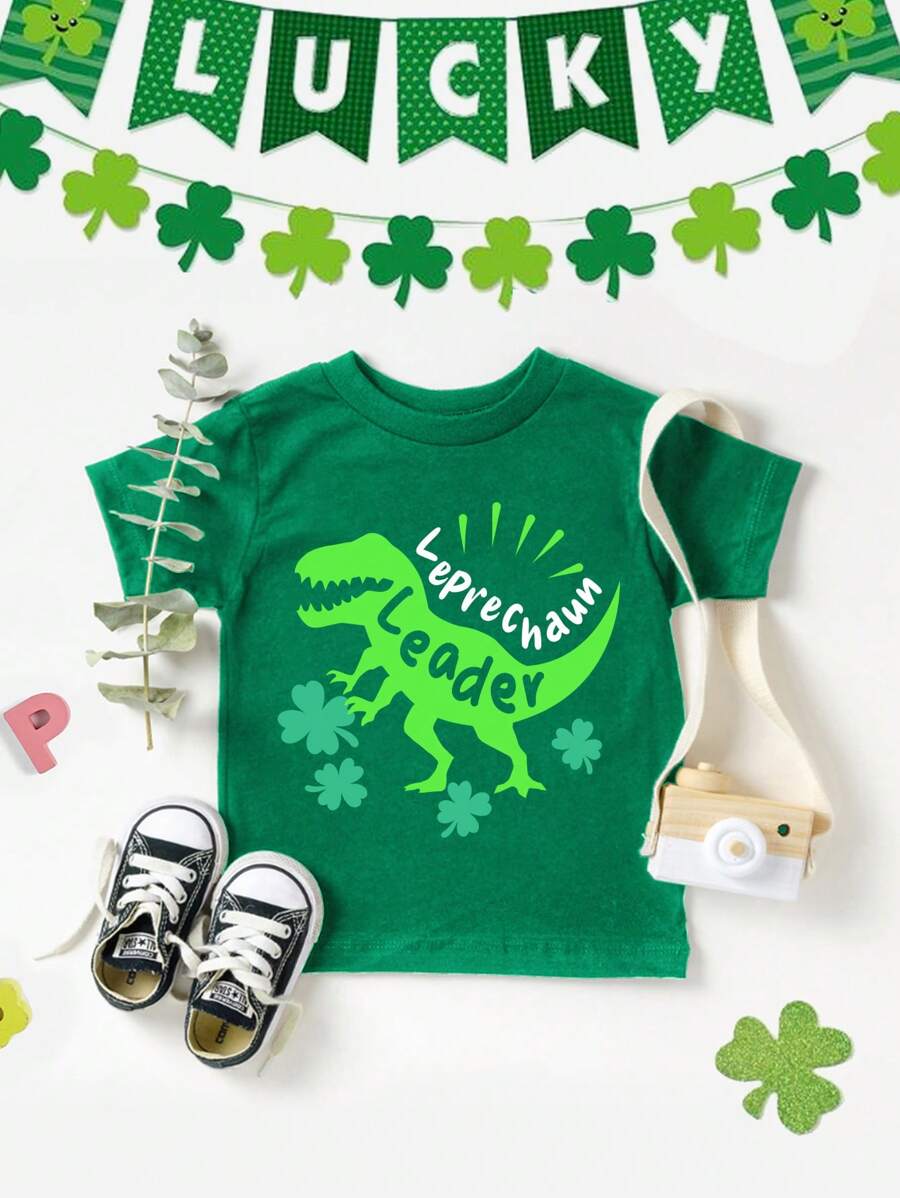 幸運草/st. Patrick's Day寶寶男童休閒短袖t恤,印有卡通恐龍,適合夏天 - 綠色 - 查看 1