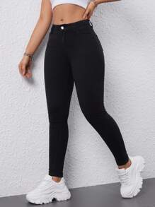 SHEIN Unity Jeans Ajustados De Mujer De Color Sólido Simple Con Bolsillos - Negro - Ver 6