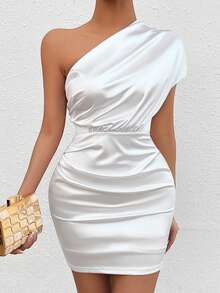 SHEIN Privé 女士實色不對稱領口打褶修身連衣裙 - 銀色 - 查看 3