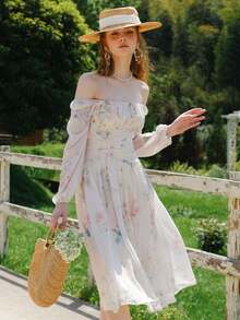 Women Spring Summer Off-Shoulder Long-Sleeve Waist Pleated Vacation Dress - White - View 3