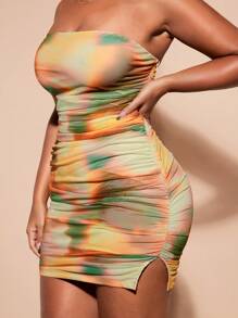 SHEIN BAE Vestido mini con pliegues y estampado de teñido anudado para mujer de talla grande, para verano, vestidos de cumpleaños para mujeres - Multicolor - Ver 5