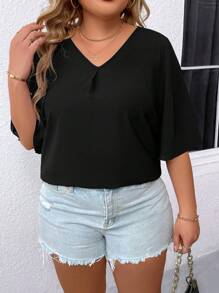 SHEIN Clasi Blusa De Talla Grande Para Mujer Con Cuello En V Y Mangas Con Volantes De Color Sólido - Negro - Ver 3