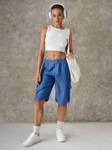 SHEIN EZwear Music Festival Drawstring Waist Pocket Cargo Shorts - Blue - View 5