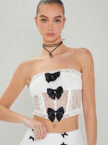 Enchnt Summer Women's Lace Strapless Corset Top With Bowknot Decoration - White - View 1