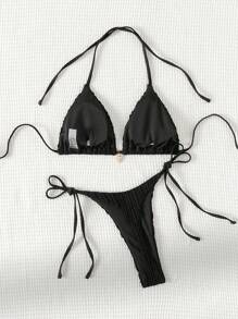 SHEIN Swim Summer Beach Women's Solid Color Halter Neck Two-Piece Bikini Set - Black - View 2