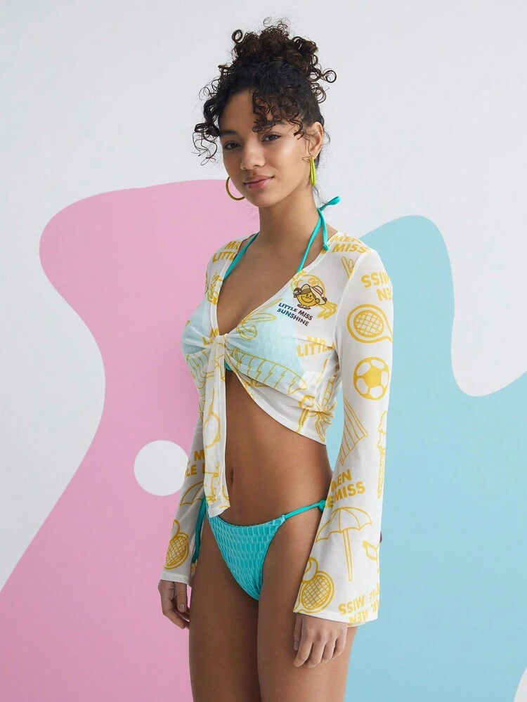 Cartoon And Letter Graphic Tie Front Crop Top