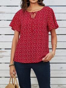 EMERY ROSE Camisa De Mujer De Manga Corta Con Lunares Rojos, Mangas De Volantes Y Nudo En La Cintura Para Vacaciones En El Campo, Verano - Multicolor - Ver 3
