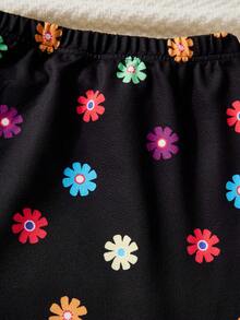 SHEIN 少女针织花卉印花休闲迷你裙 - 黑色 - 查看 5