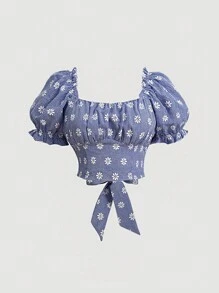 SHEIN MOD Áo cánh tay bồng cổ vuông in họa tiết hoa cúc cỡ lớn cho nữ, mùa hè - Màu xanh lam - Xem 1