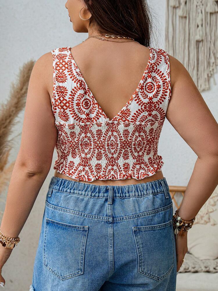 Plus Size Women's Plant Printed V-Neck Tank Top