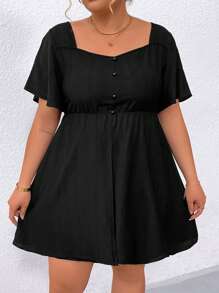 SHEIN Clasi Plus Size Women's Solid Color Sweetheart Neckline Split Hem Top And Shorts Set - Black - View 6