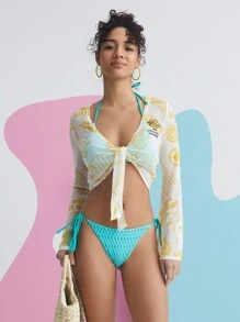 Mr Men Little Miss X SHEIN Cartoon And Letter Graphic Tie Front Crop Top - Multicolor - View 7