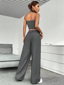 Flirla 純色抹胸&闊腿褲 - 深灰色 - 查看 2