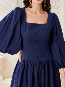 Mulvari Vestido De Manga De Linterna Con Cuello Cuadrado De Estilo Árabe Para Mujer - Azul Marino - Ver 2