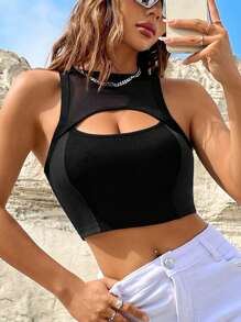 SHEIN Coolane 女士透孔網紗拼色修身上衣 - 黑色 - 查看 3