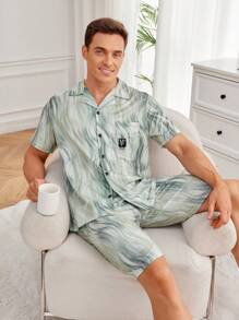 Men's Printed Button Down Short Sleeve Shirt With Pocket And Shorts Homewear Set