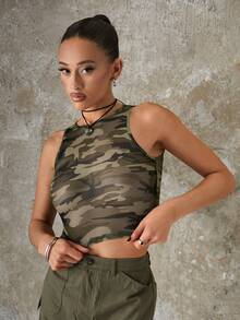 SHEIN EZwear Summer Grunge & Gorpcore Camo Print Mesh Tank Top - Army Green - View 4