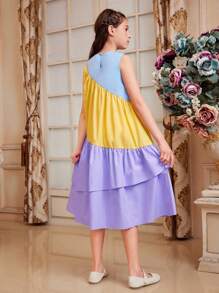 SHEIN Vestido Midi Con Cuello Redondo Y Sin Mangas De Color Contrastado Y Volantes Para Niñas De Tween