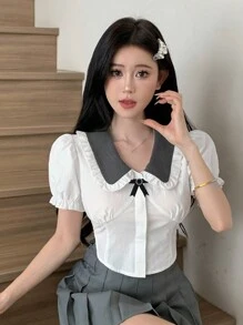 DAZY Ladies' Color Block Collar Puff Sleeve Shirt