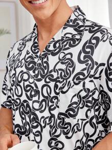 Men's Full Printed Button Down Shirt And Short Home Suit Summer Homewear Set
