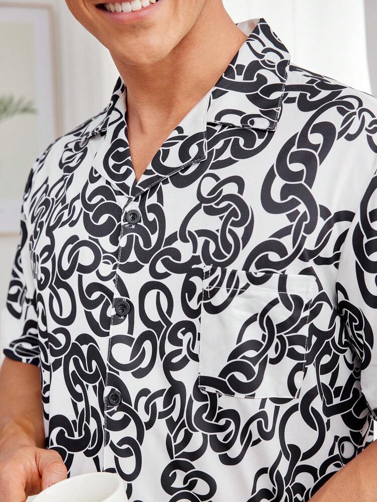 Men's Full Printed Button Down Shirt And Short Home Suit Summer Homewear Set