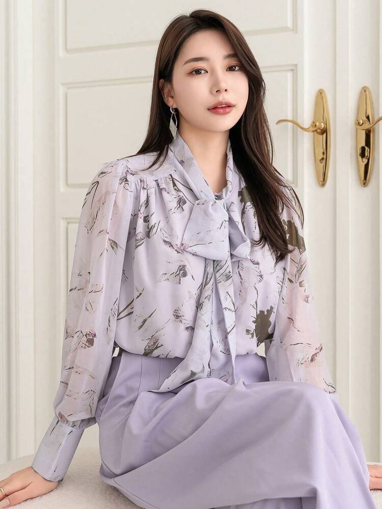 Chiffon Pattern Printed Tie-Neck Casual Shirt,Fall Women Clothes Long Sleeve Top Floral