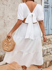 Breezaya Plus Size Women's Solid Color Back Knot Short Sleeve Dress - White - View 3