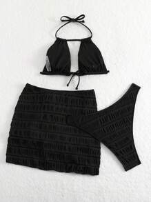 SHEIN Swim Solid Color Two-Piece Bikini Set Summer Beach - Black - View 2