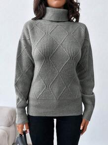 SHEIN Cottnline High Neck Drop Shoulder Sleeve Sweater - Grey - View 4